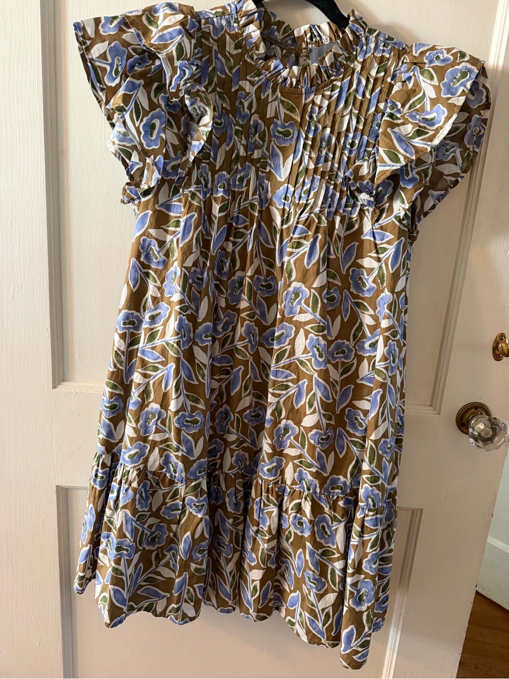 Ruffled Floral Mini Dress in Olive and Periwinkle